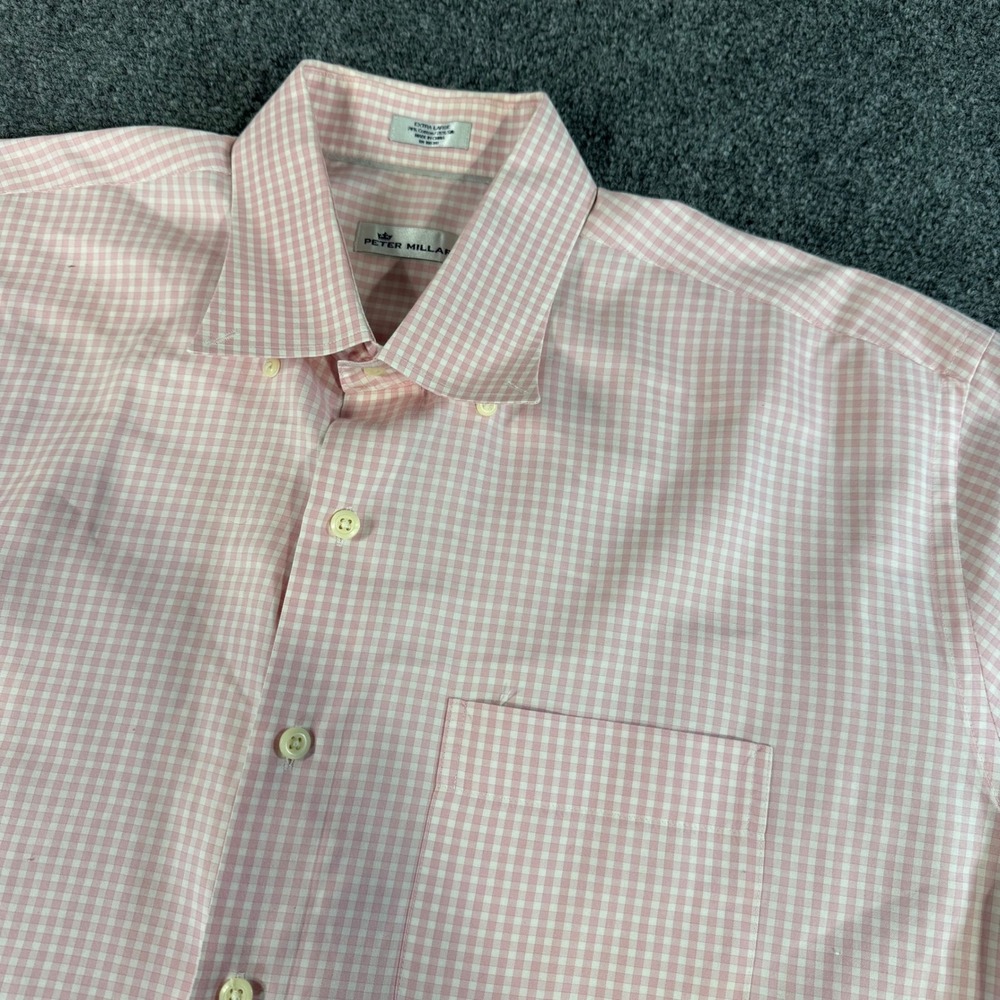 Peter Millar Mens XL Pink Gingham Cotton Silk‎ Button Down Shirt Long Sleeve